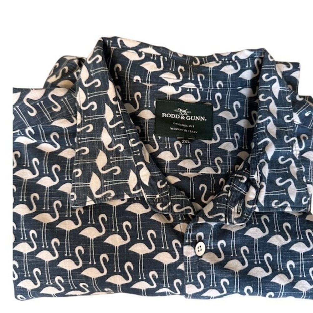 Rodd & Gunn Men's Blue Flamingo Print Cotton Button Up Shirt 2X Short Sleeve - Picture 8 of 8